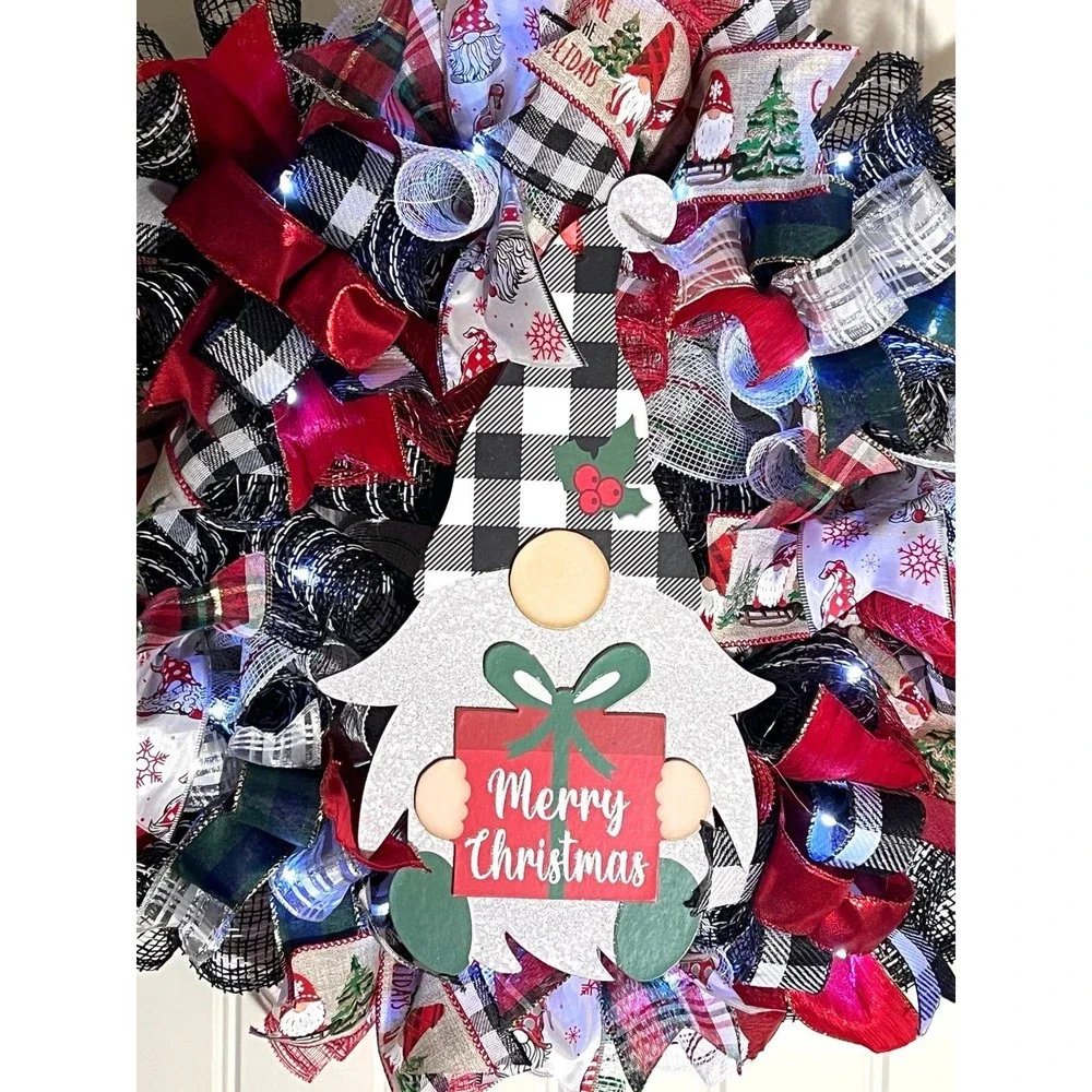 Handmade Merry Christmas Gnome Holiday Ribbon Door Wreath 22 ins W48